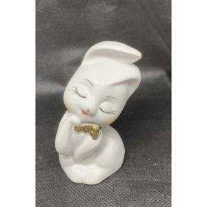 VTG White Bunny Rabbit Figurine Kitschy Gold Bow
